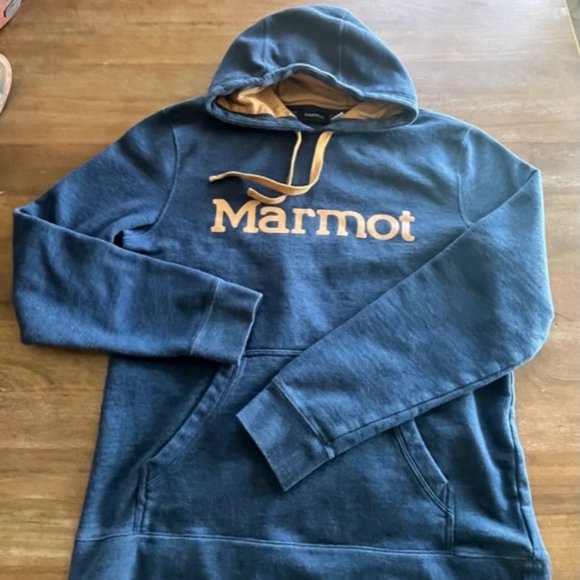 Marmot Hoodie Mens Medium L/S Blue Spell out Pullover Sweater Sweatshirt Hiking - Picture 1 of 7